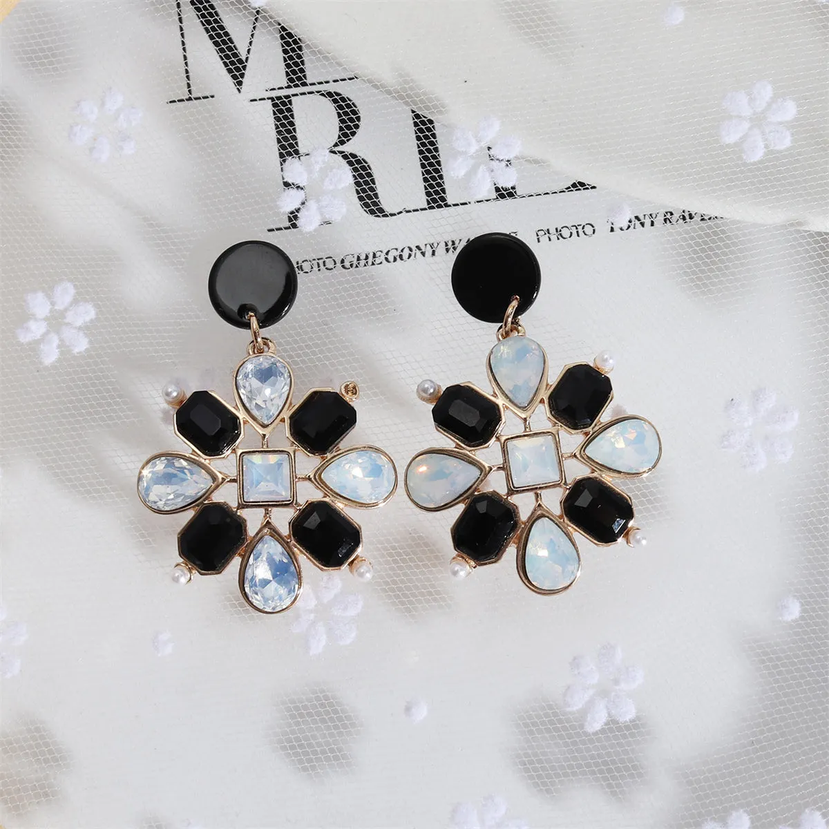 Black Acrylic & Crystal Pearl 18K Gold-Plated Botanical Drop Earrings