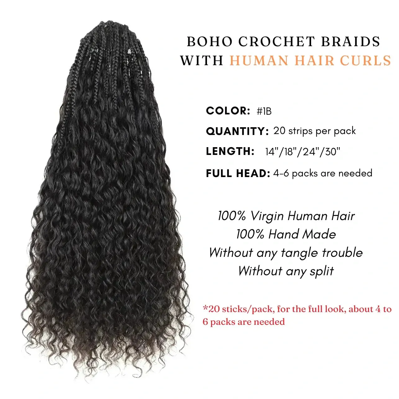 Black Pre-looped Crochet Box Braids with Human Hair Curls