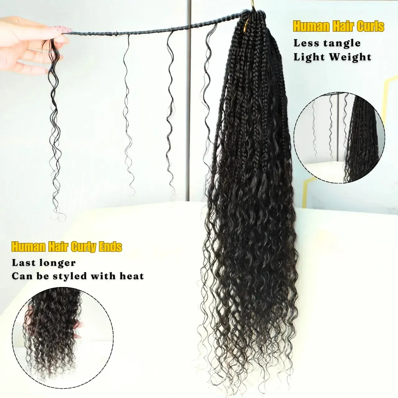 Black Pre-looped Crochet Box Braids with Human Hair Curls