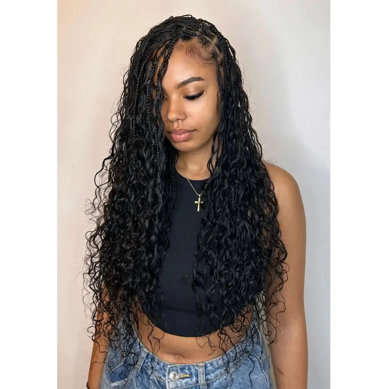 Black Pre-Looped Crochet Goddess Boho Box Braids With Loose Wave Human Hair