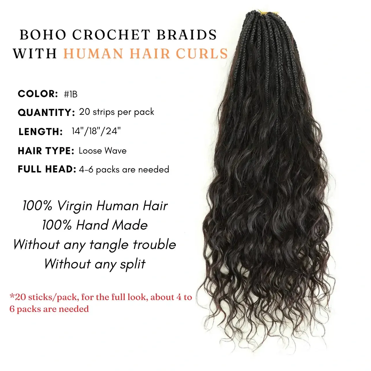 Black Pre-Looped Crochet Goddess Boho Box Braids With Loose Wave Human Hair