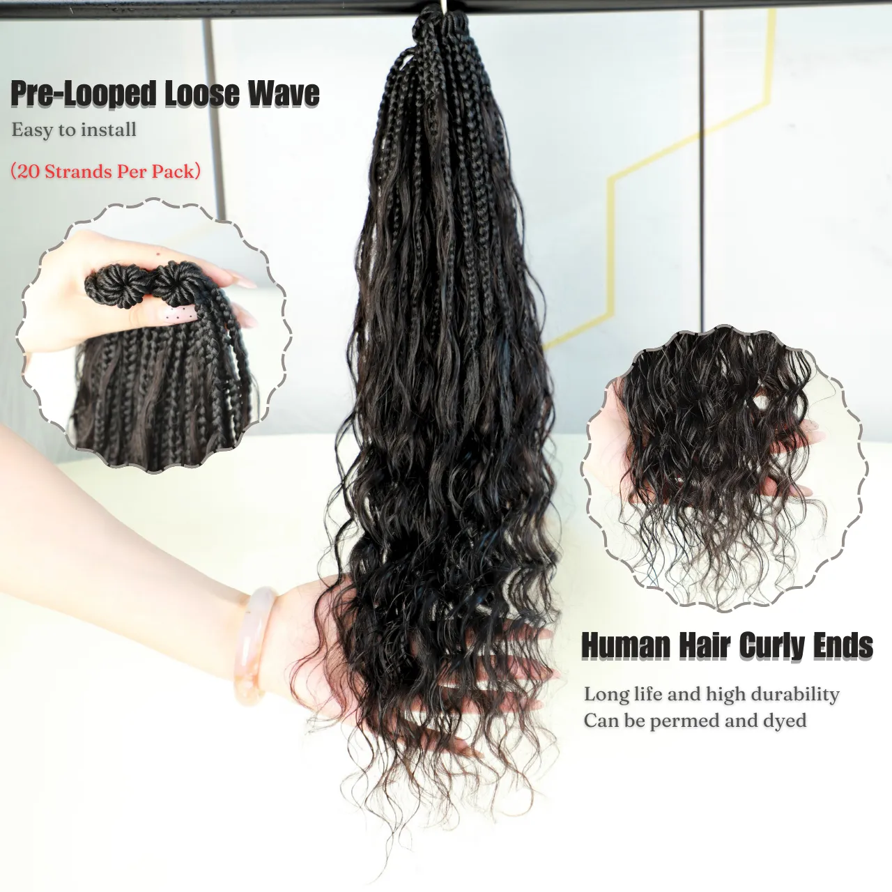 Black Pre-Looped Crochet Goddess Boho Box Braids With Loose Wave Human Hair