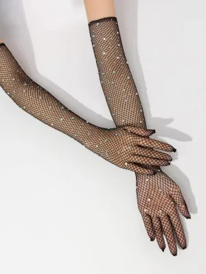 Black Rhinestone Fishnet Gloves
