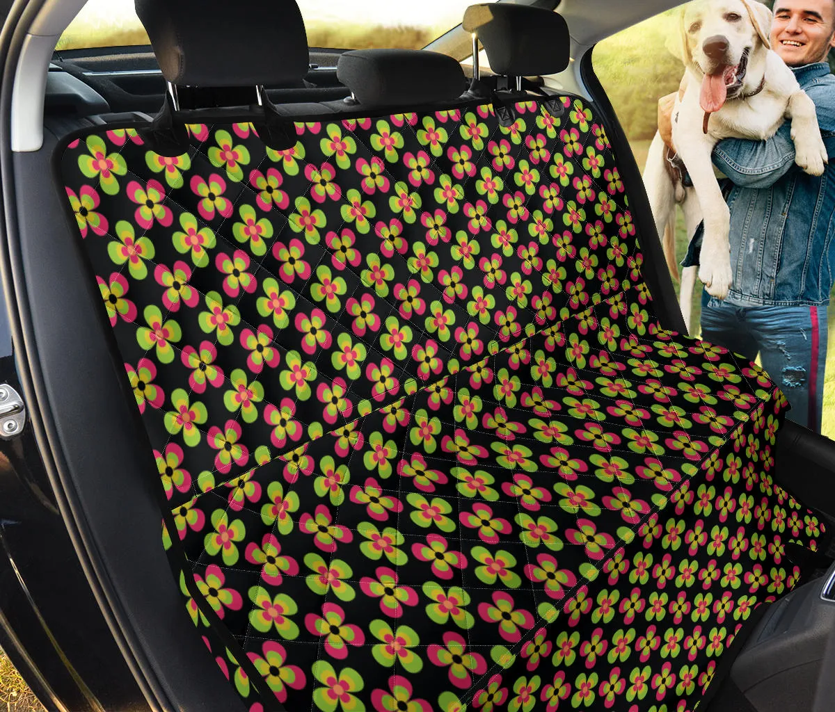Black With Green and Pink Retro Flowers Pet Hammock Back Seat Cover For Dogs