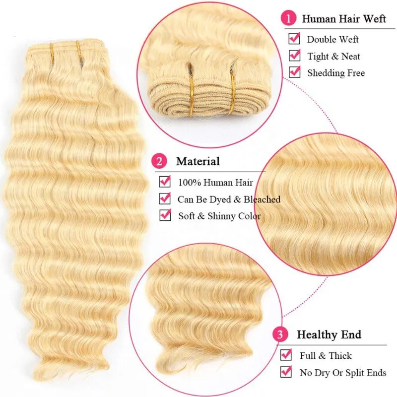 Blonde 613 Deep Wave weft bundle Russian Mink Virgin Remy 100 Human Hair
