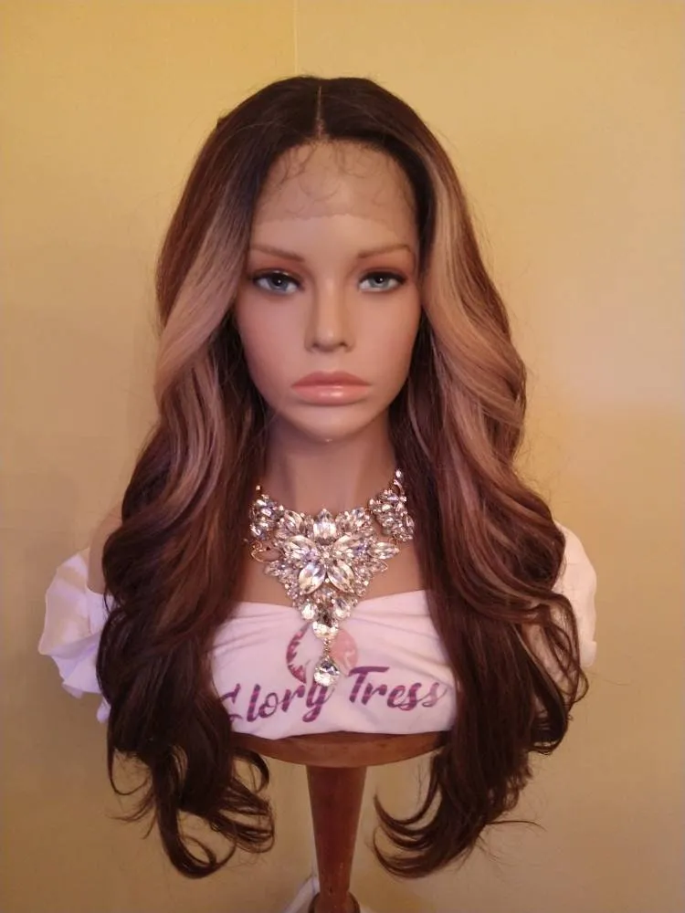 Blonde Wavy Lace Front Wig | Money Piece Highlights Ombre Blonde Wig | Glory Tress Wigs, Front Lace Wig For Chemo Alopeia // CHOCOLATE CREAM