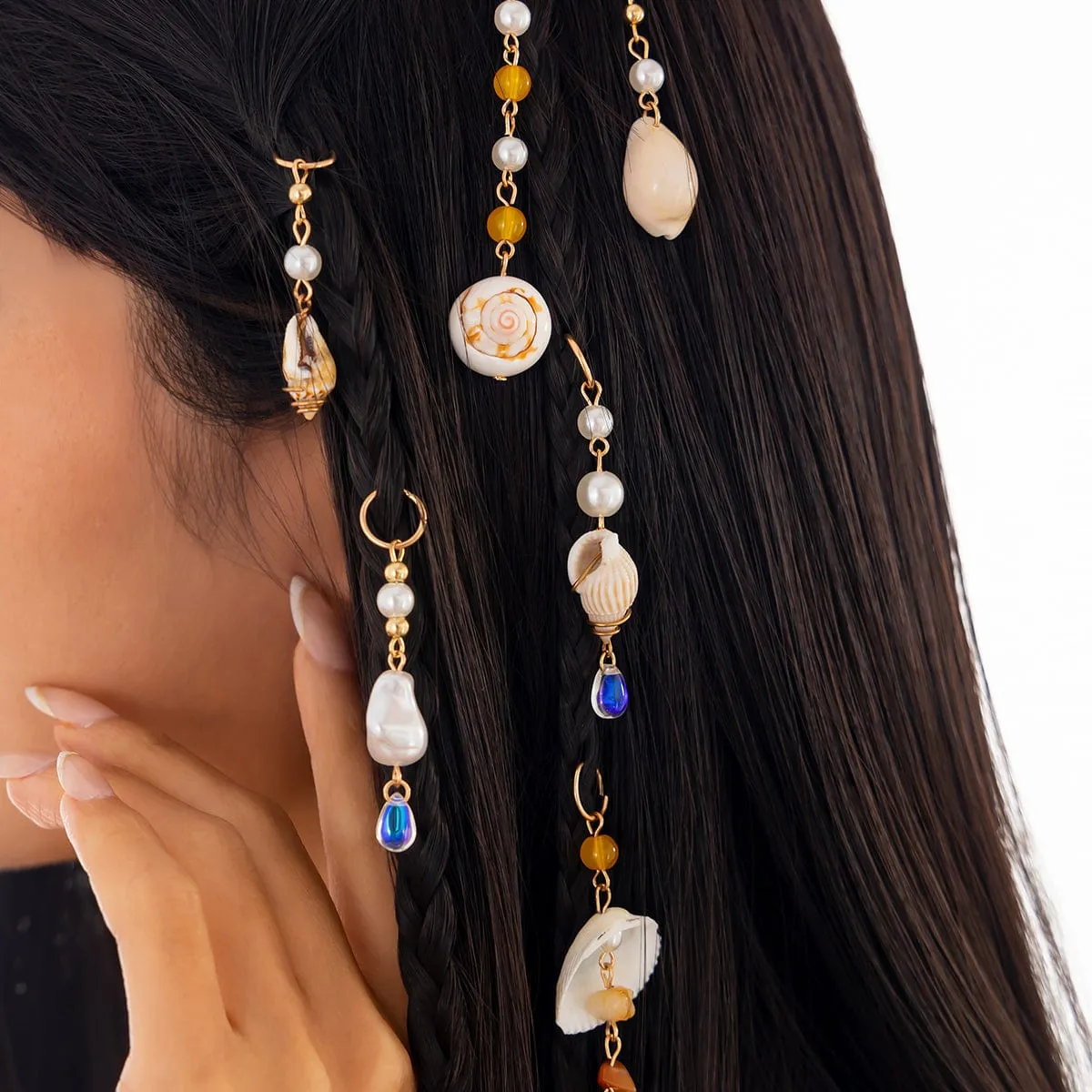 Boho 6pcs Irregular Pearl Conch Crystal Chain Hair Braids Ring Set