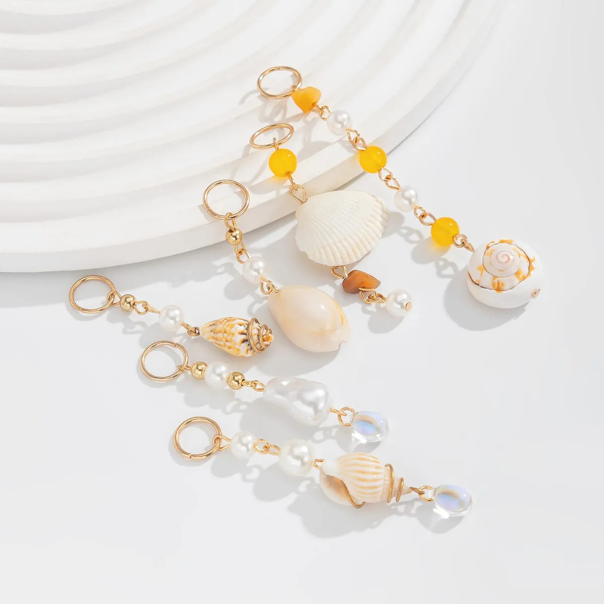 Boho 6pcs Irregular Pearl Conch Crystal Chain Hair Braids Ring Set