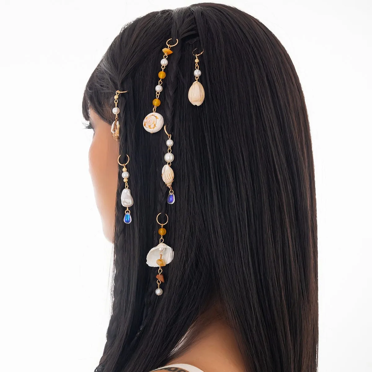 Boho 6pcs Irregular Pearl Conch Crystal Chain Hair Braids Ring Set