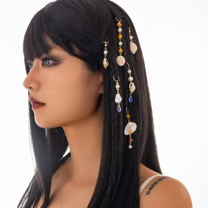 Boho 6pcs Irregular Pearl Conch Crystal Chain Hair Braids Ring Set