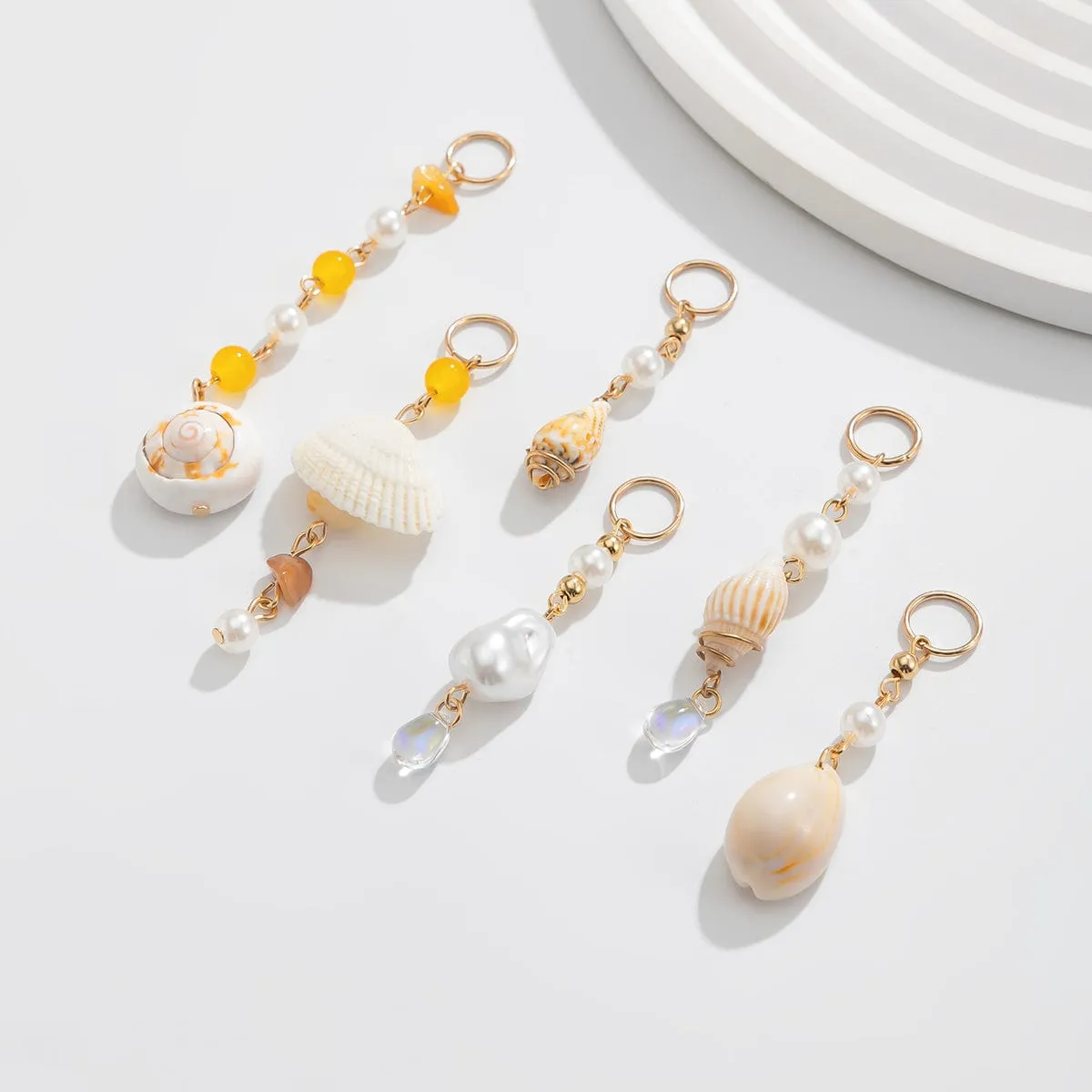 Boho 6pcs Irregular Pearl Conch Crystal Chain Hair Braids Ring Set