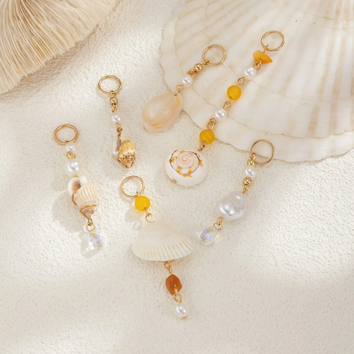 Boho 6pcs Irregular Pearl Conch Crystal Chain Hair Braids Ring Set