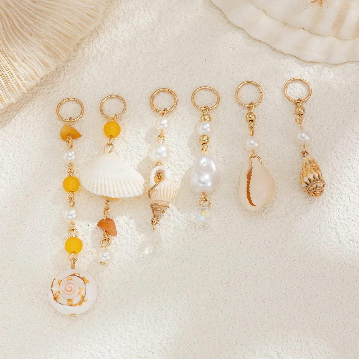 Boho 6pcs Irregular Pearl Conch Crystal Chain Hair Braids Ring Set