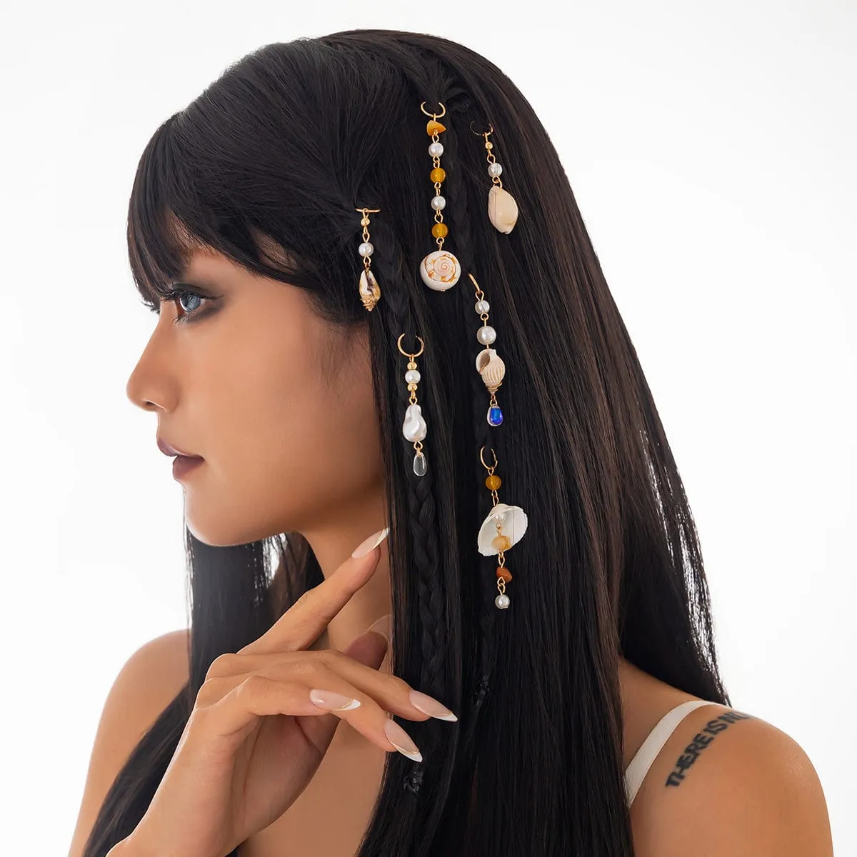 Boho 6pcs Irregular Pearl Conch Crystal Chain Hair Braids Ring Set