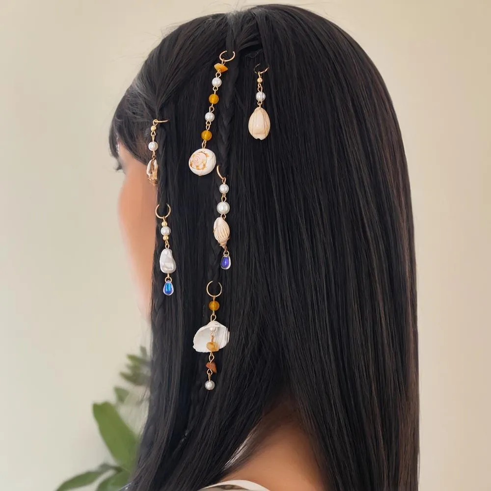 Boho 6pcs Irregular Pearl Conch Crystal Chain Hair Braids Ring Set