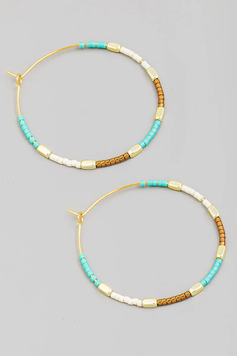 Boho Beaded Hoops in Turquoise and Brown