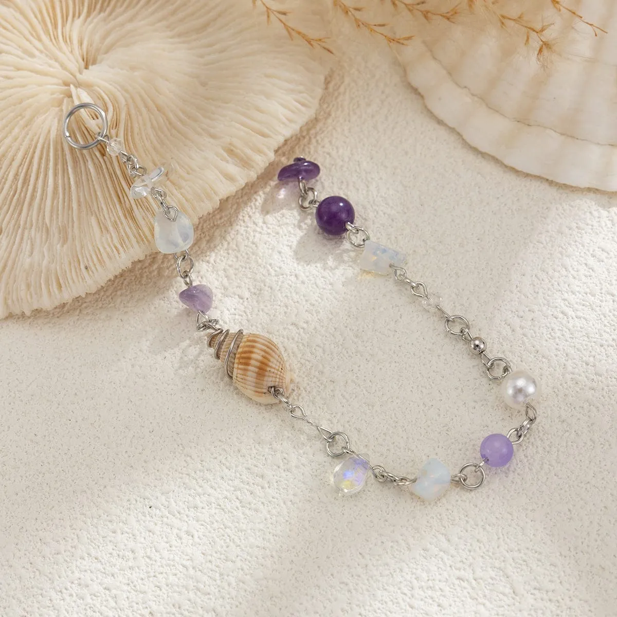 Boho Irregular Crystal Stone Conch Pearl Chain Hair Braids Ring