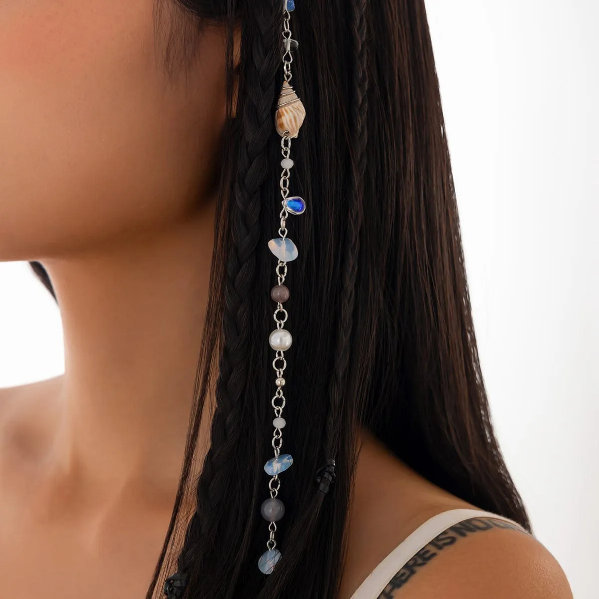Boho Irregular Crystal Stone Conch Pearl Chain Hair Braids Ring