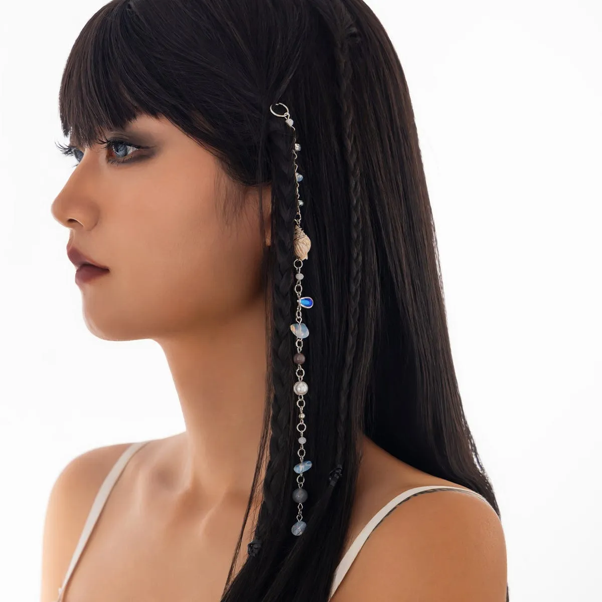 Boho Irregular Crystal Stone Conch Pearl Chain Hair Braids Ring