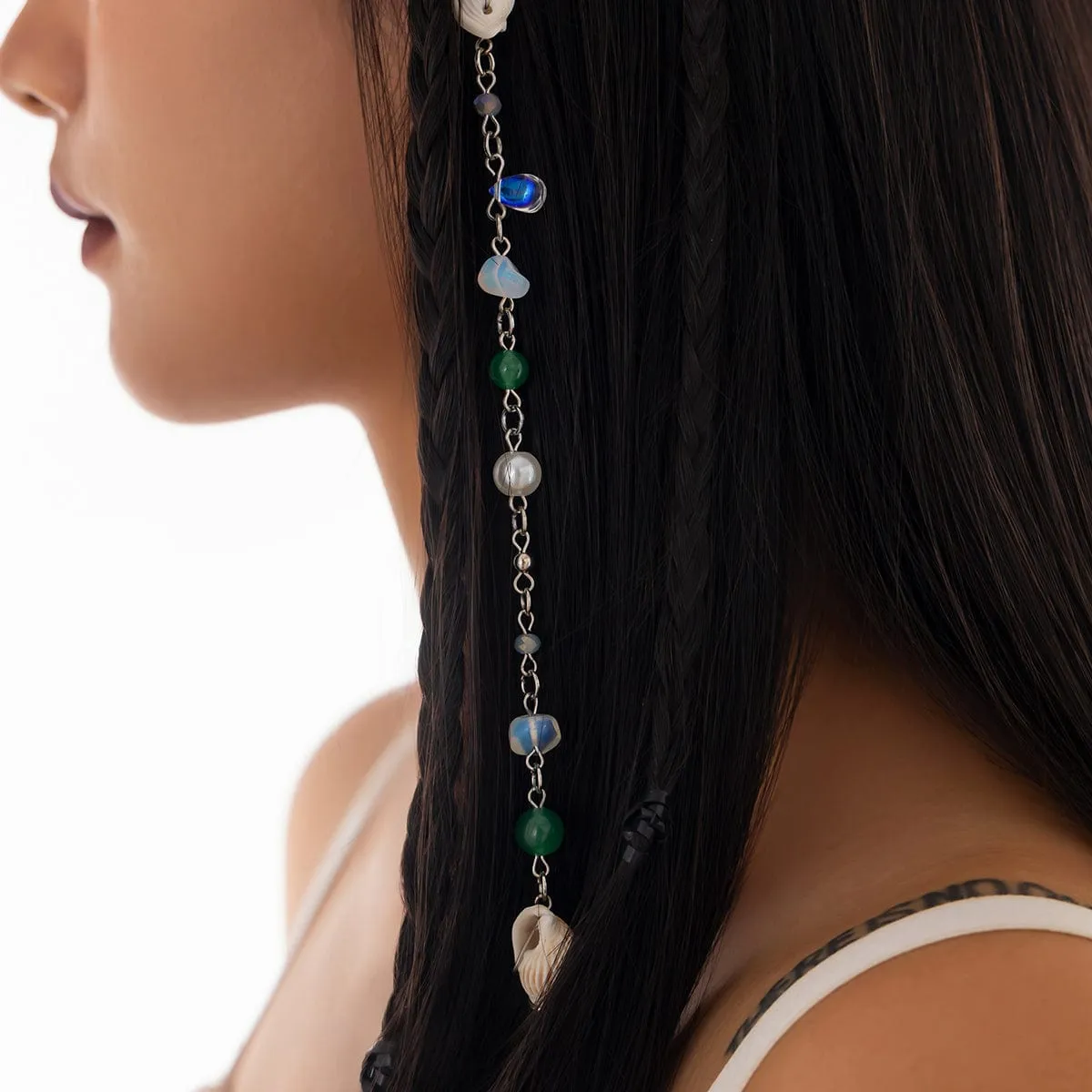 Boho Irregular Crystal Stone Conch Pearl Chain Hair Braids Ring