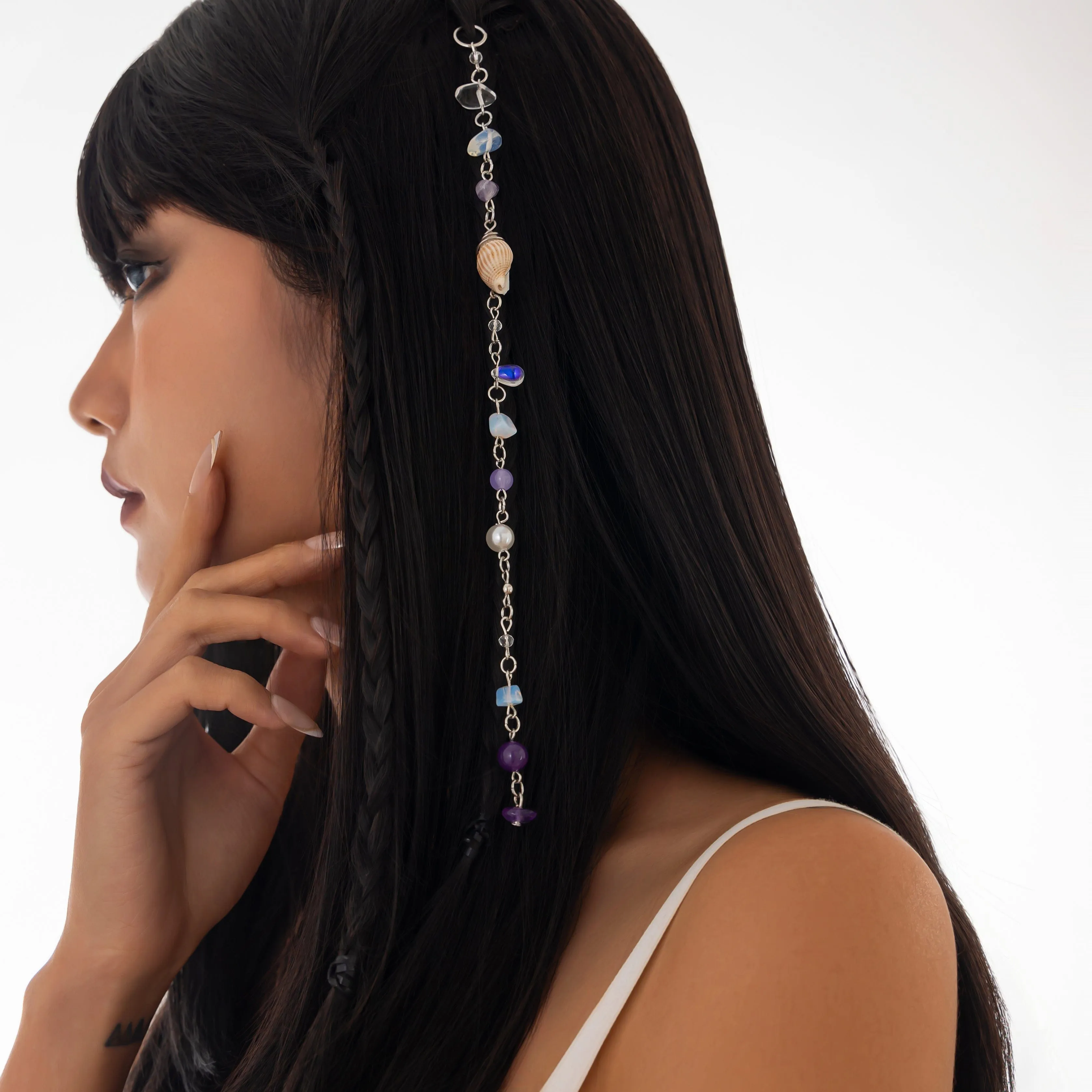Boho Irregular Crystal Stone Conch Pearl Chain Hair Braids Ring