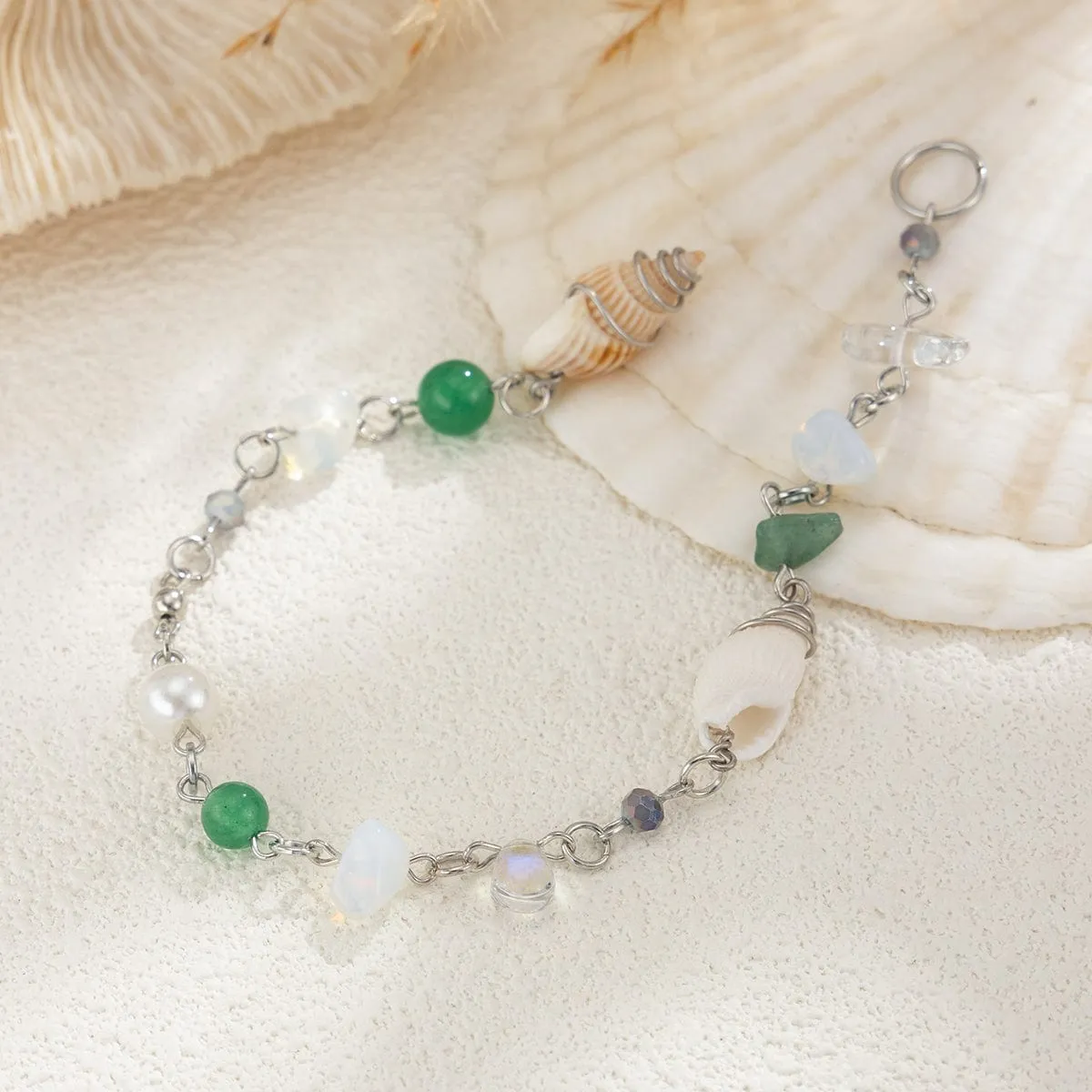 Boho Irregular Crystal Stone Conch Pearl Chain Hair Braids Ring