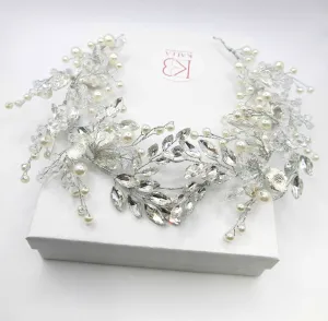 Bridal Pearl and Rhinestone Headband, Wedding Head Wreath Wire Tiara, Princess Silver Floral Hair Vine, Pearl Crystal Headpiece