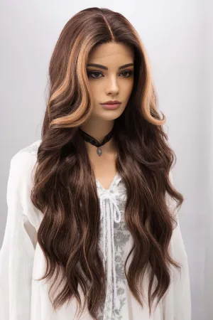 Brown with Blonde Highlights Wavy Lace Front Synthetic Wig with Curtain Bangs Kyra