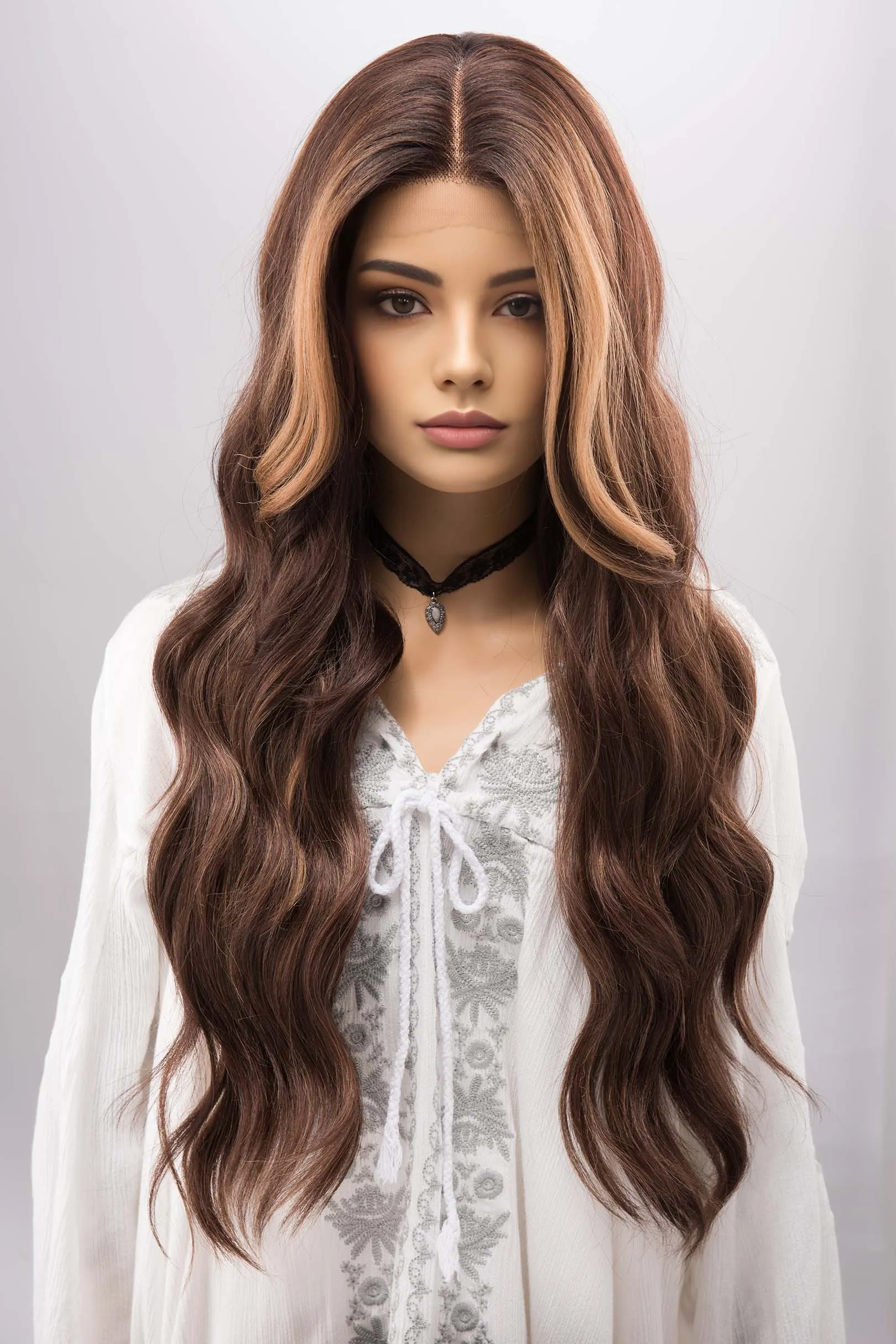 Brown with Blonde Highlights Wavy Lace Front Synthetic Wig with Curtain Bangs Kyra