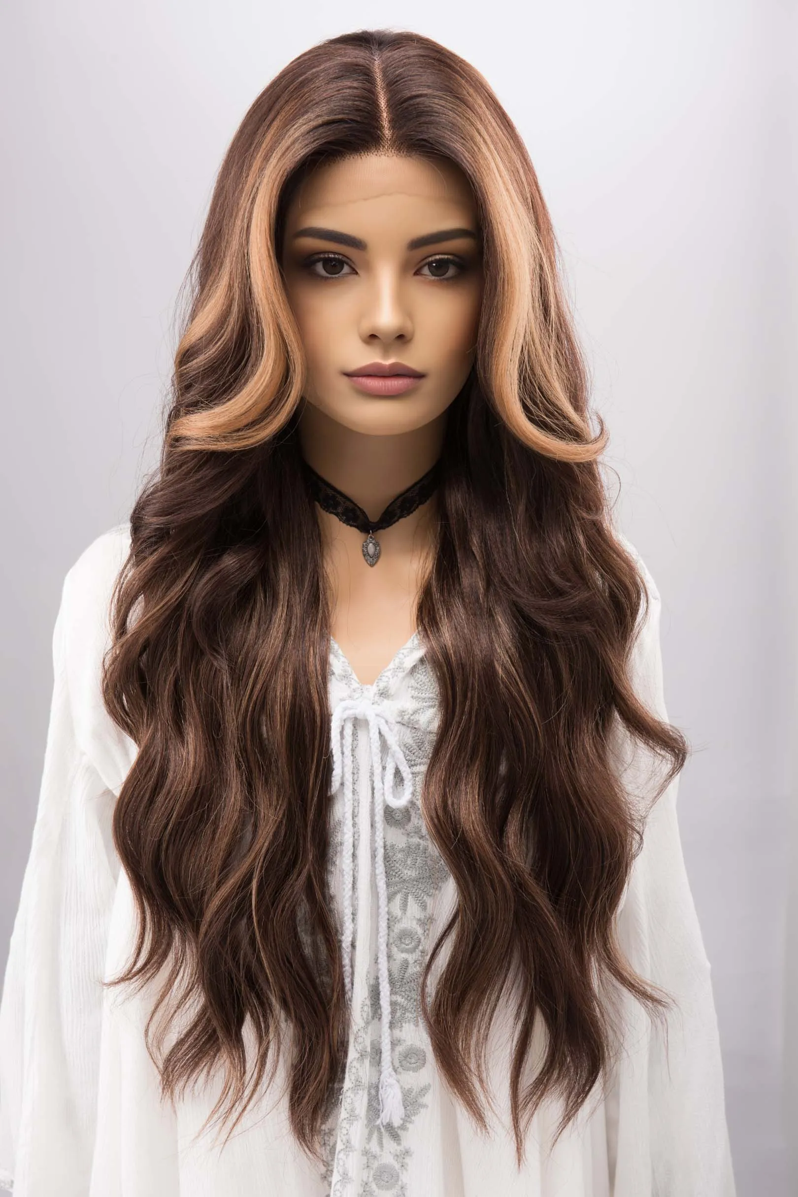 Brown with Blonde Highlights Wavy Lace Front Synthetic Wig with Curtain Bangs Kyra