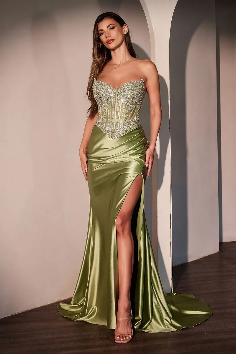 CD CD736 - Strapless Stretch Satin Fit & Flare Prom Gown with Sheer Crystal Embellished Bodice Leg Slit & Lace Up Corset Back