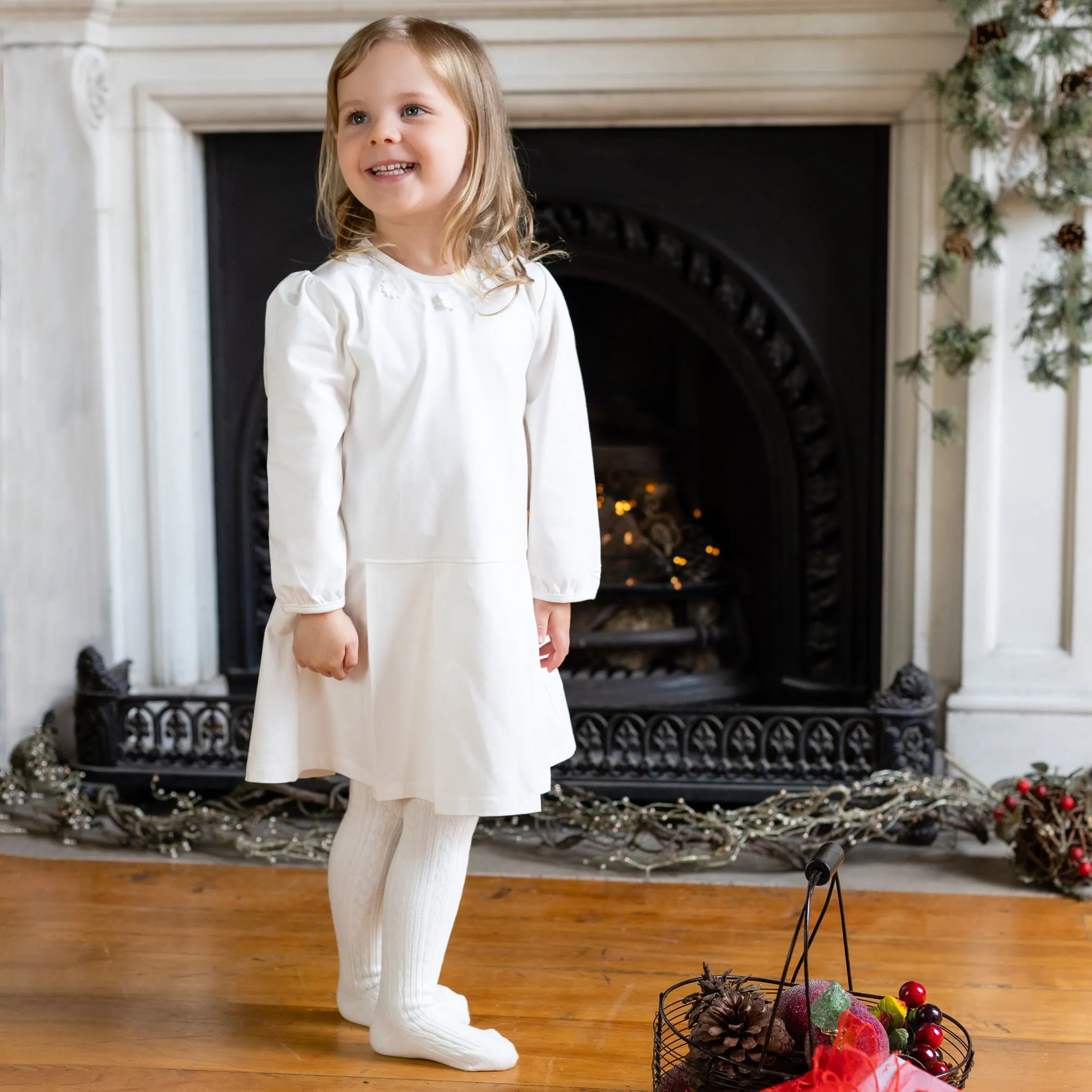 Celeste Ivory Dress with Flower Detail & Tights