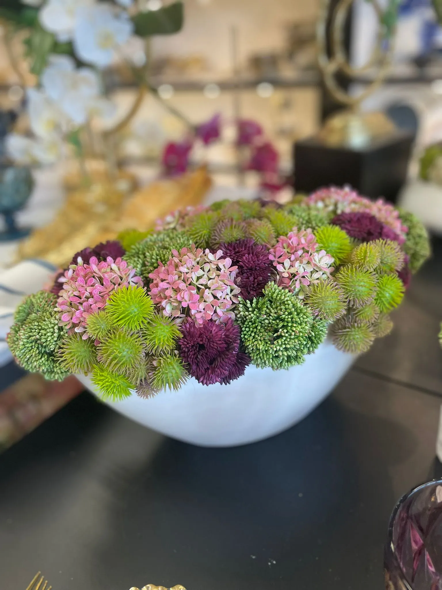 Colorful sedums in oval white pot #112