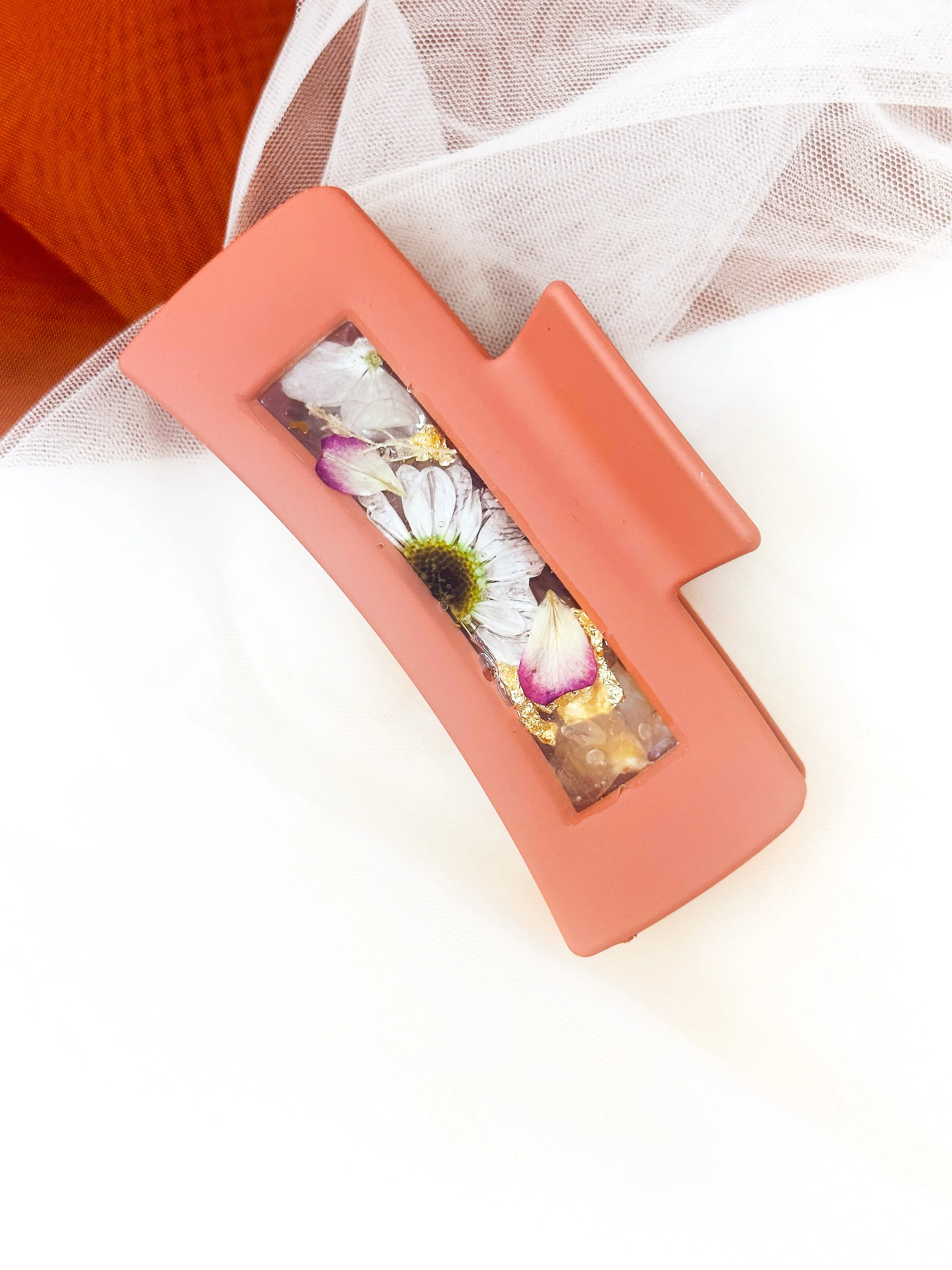 Coral Daisy Claw Clip Infused with Real Flowers in Resin.