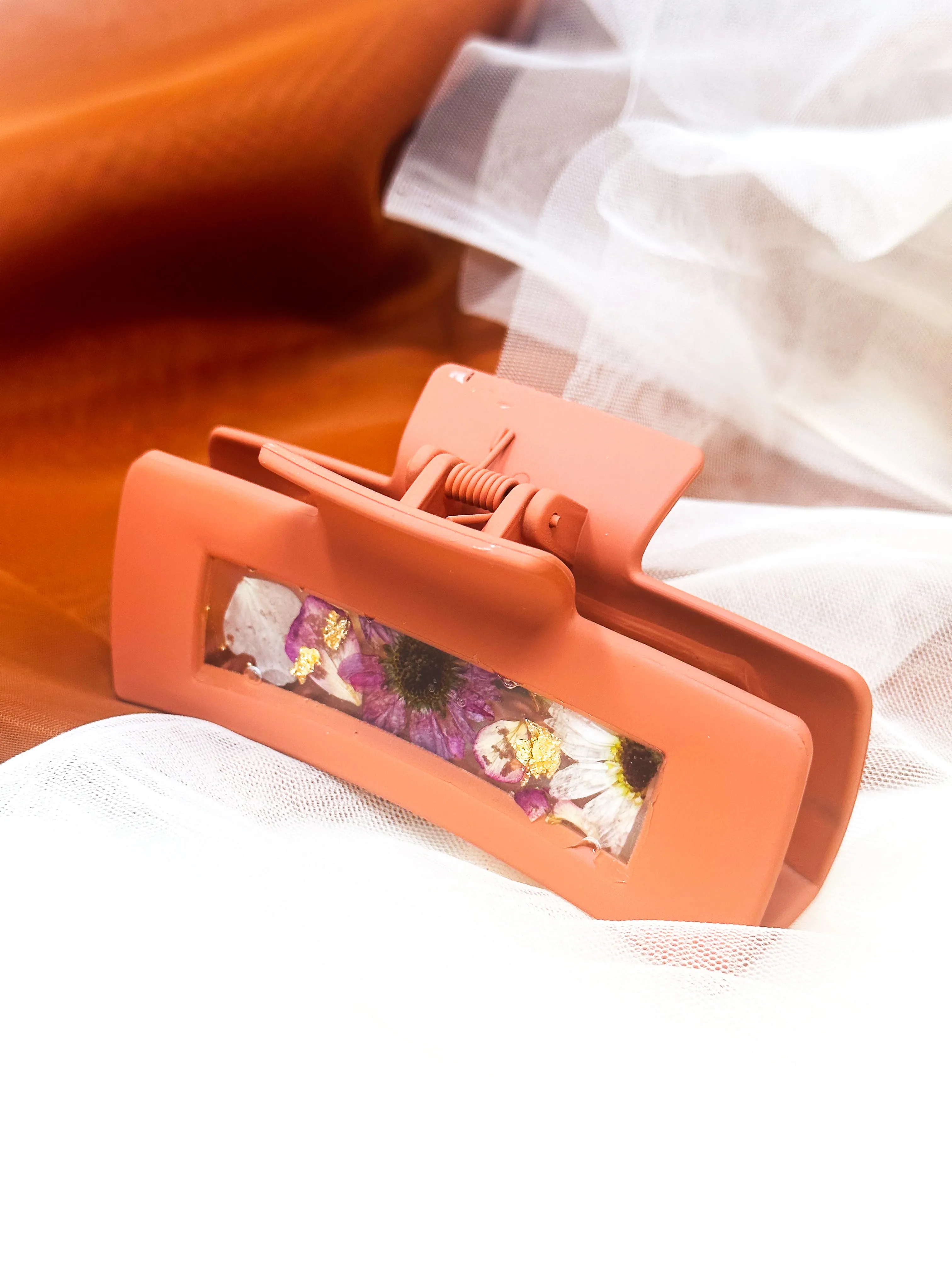 Coral Daisy Claw Clip Infused with Real Flowers in Resin.