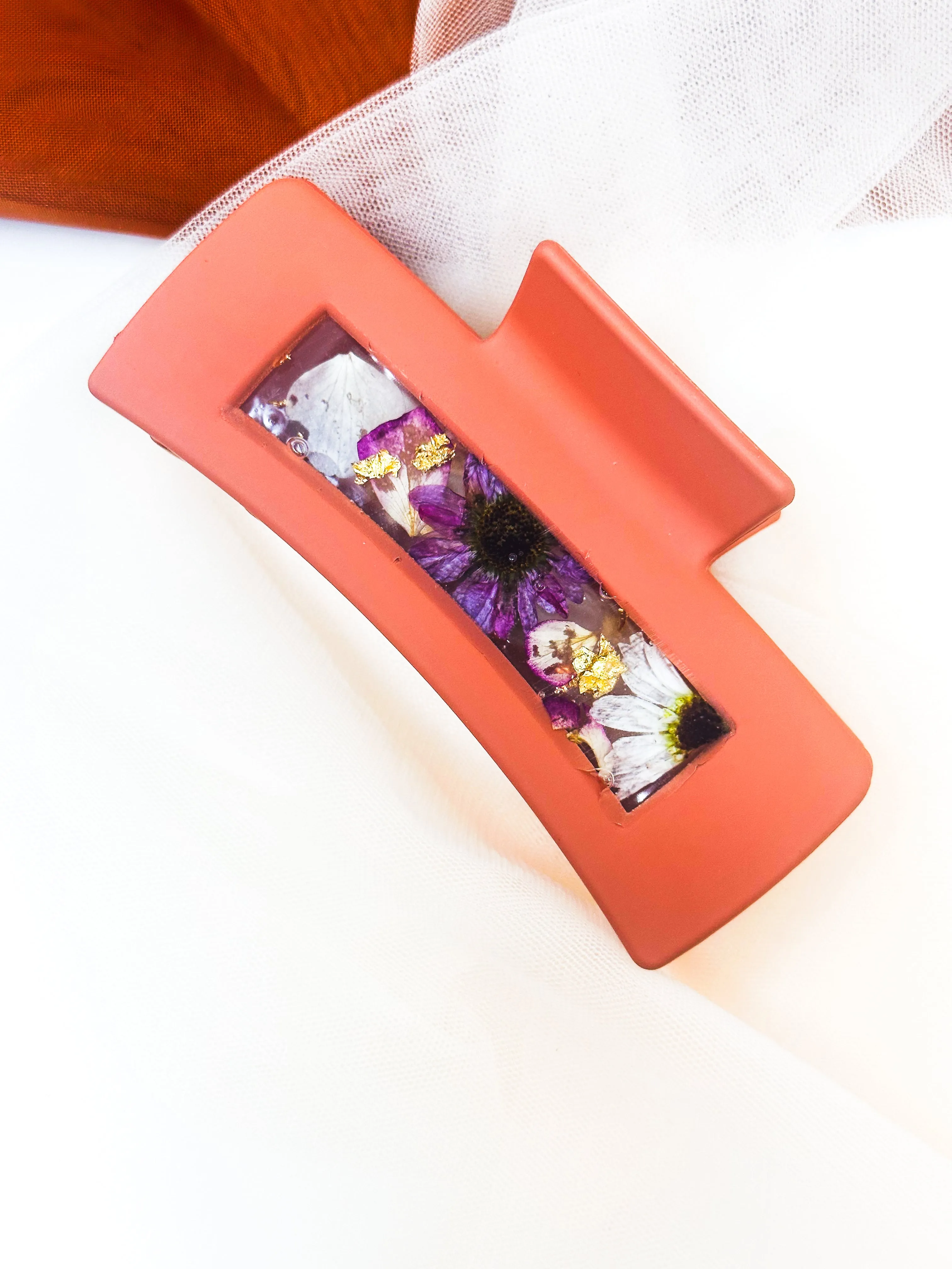 Coral Daisy Claw Clip Infused with Real Flowers in Resin.