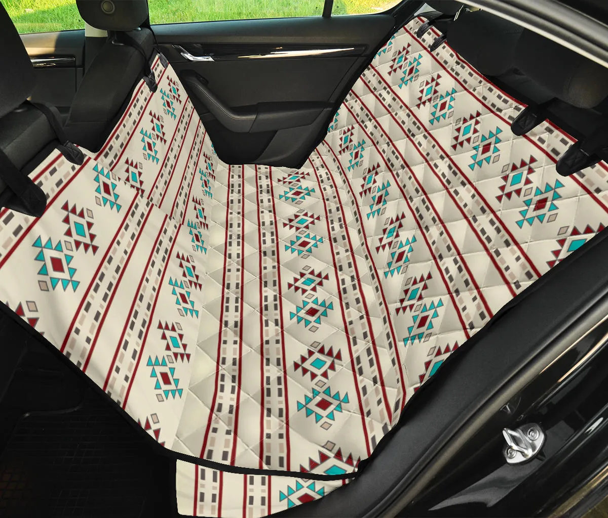 Cream, Turquoise, Red Ethnic Tribal Pattern Back Seat Cover For Pets Dog Hammock