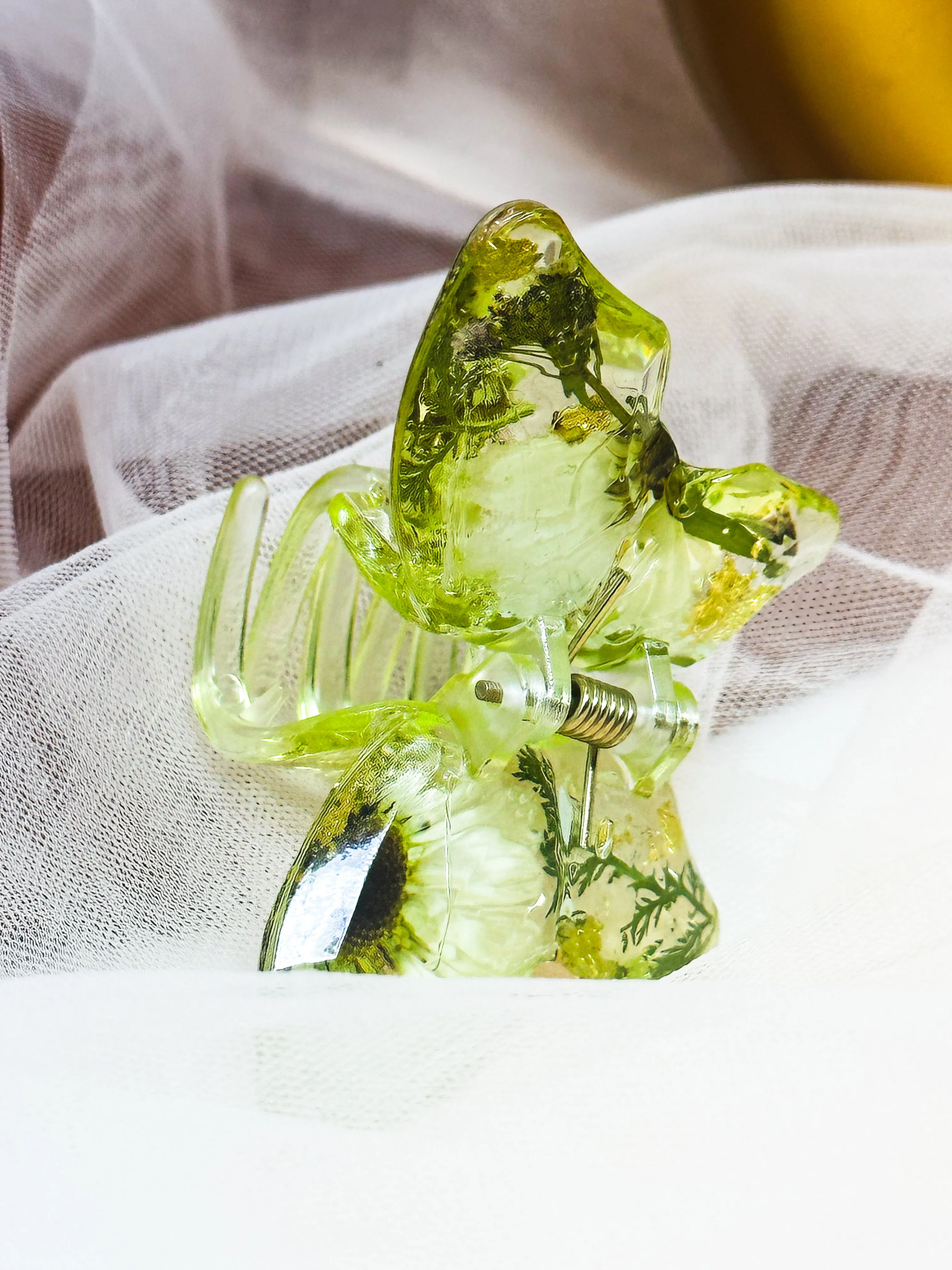 Crystal Green Butterfly Clip Infused with Real Flowers in Resin.