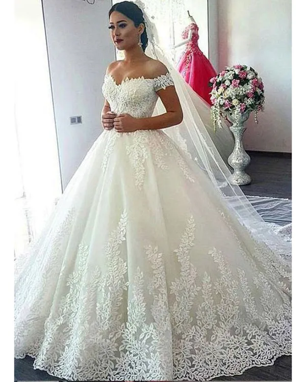 Delicate Lace Appliques Wedding Dresses Off The Shoulder Modest 2019 Bridal Wedding Dress Ball Gown