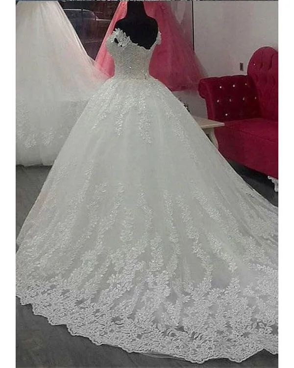 Delicate Lace Appliques Wedding Dresses Off The Shoulder Modest 2019 Bridal Wedding Dress Ball Gown