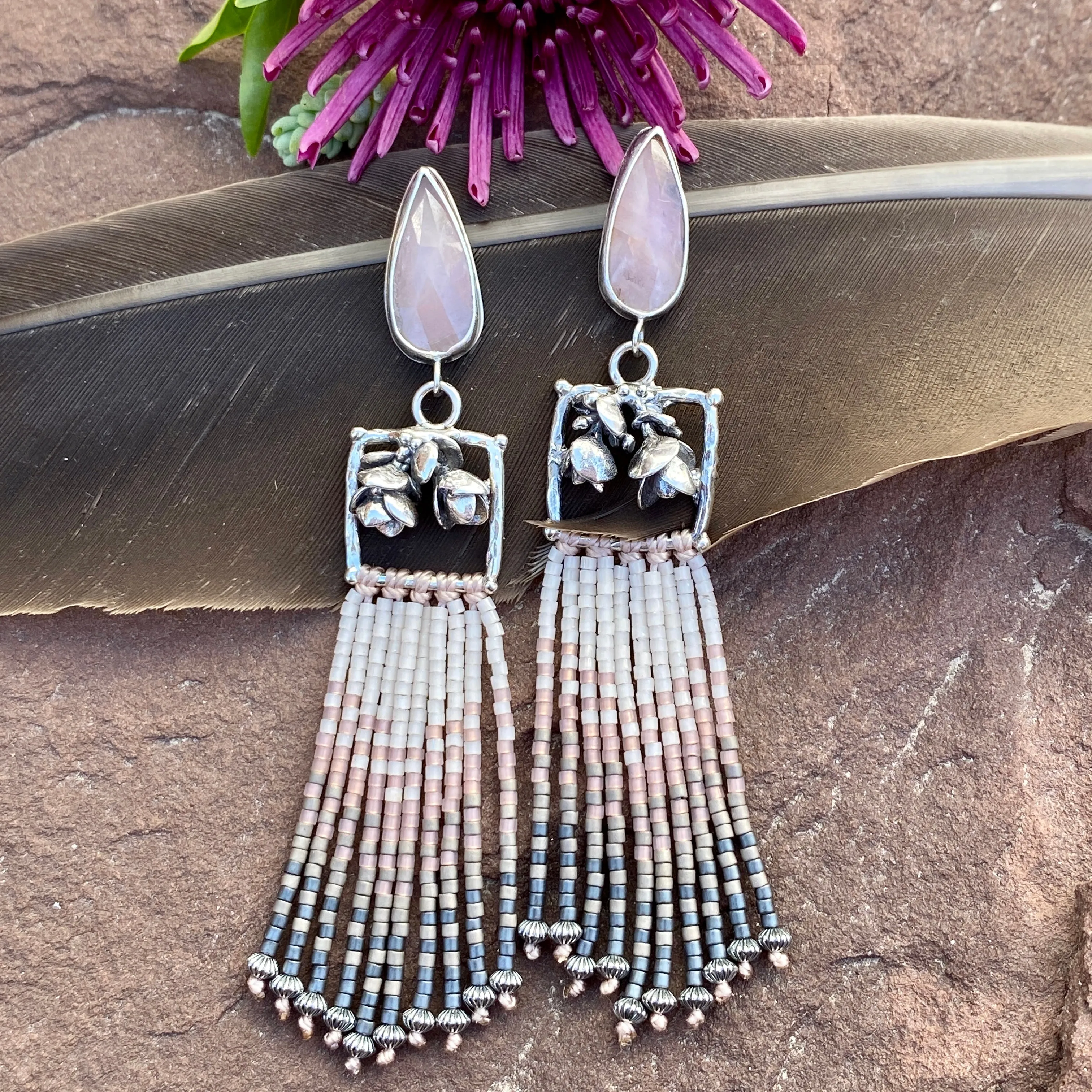 Desert Dweller “Blushing Succulents” hand cast Sterling Silver beaded Earrings