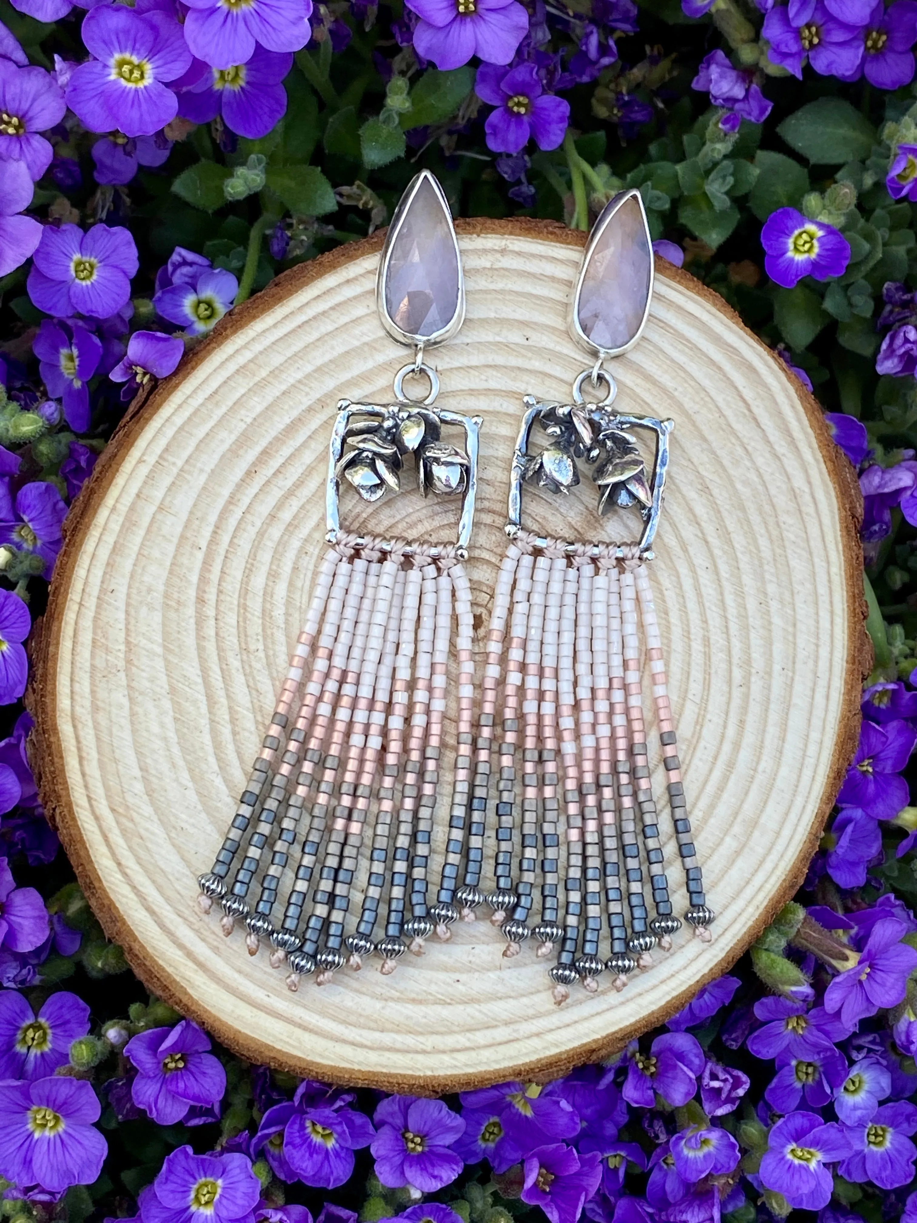 Desert Dweller “Blushing Succulents” hand cast Sterling Silver beaded Earrings