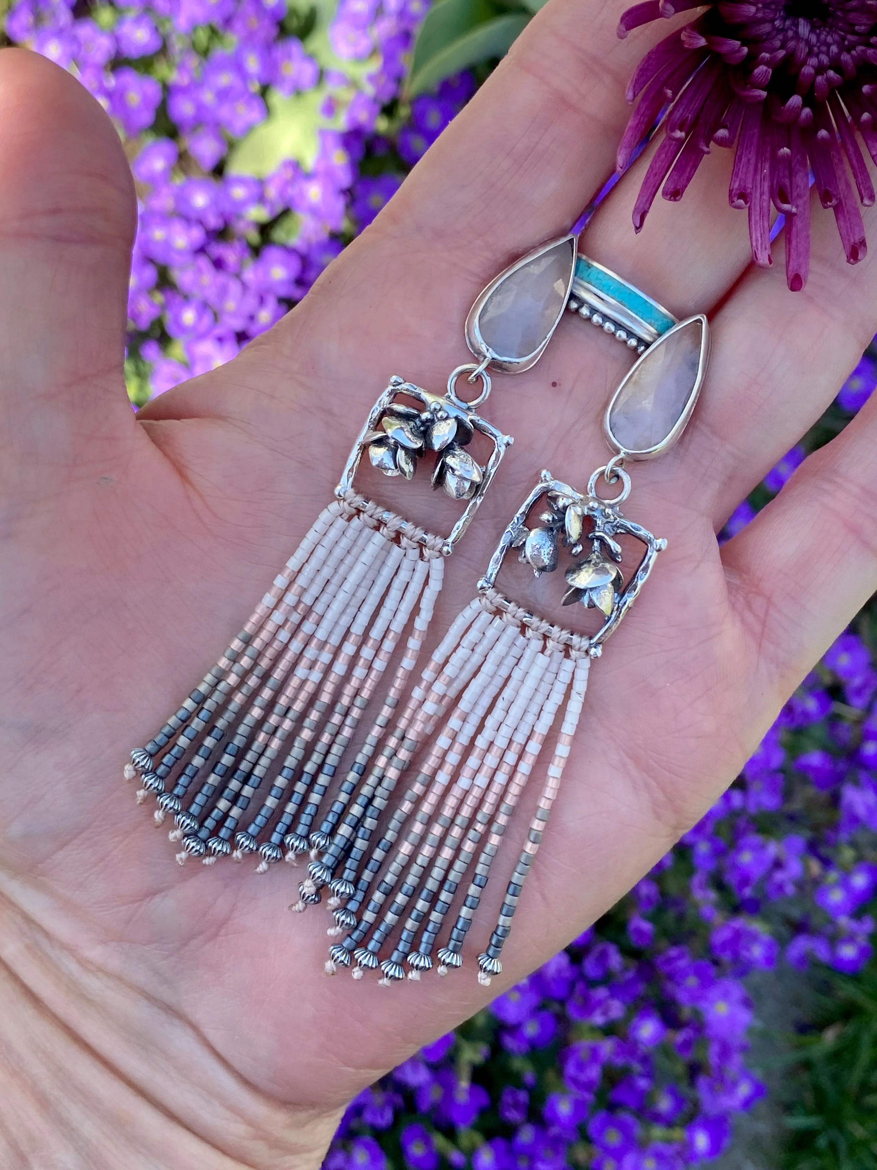 Desert Dweller “Blushing Succulents” hand cast Sterling Silver beaded Earrings