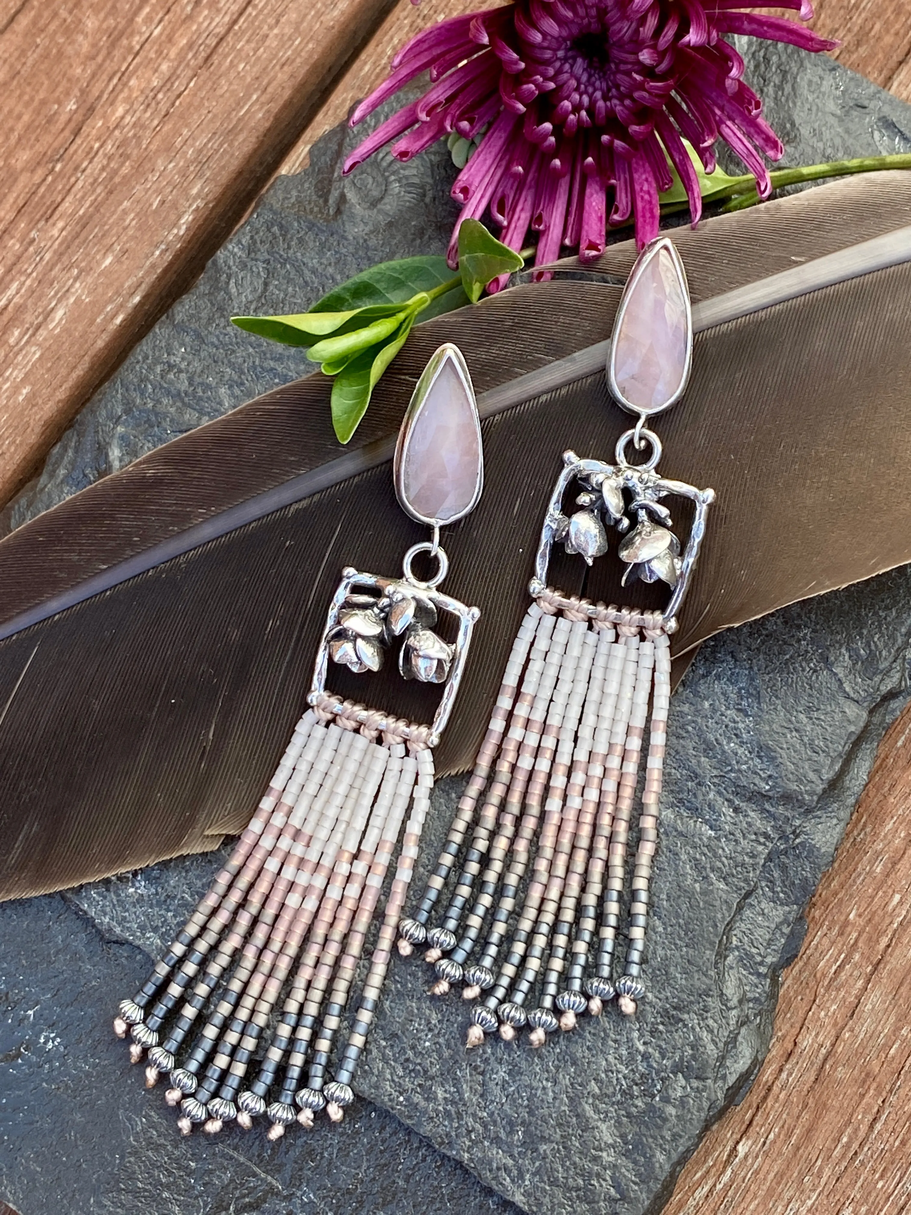 Desert Dweller “Blushing Succulents” hand cast Sterling Silver beaded Earrings
