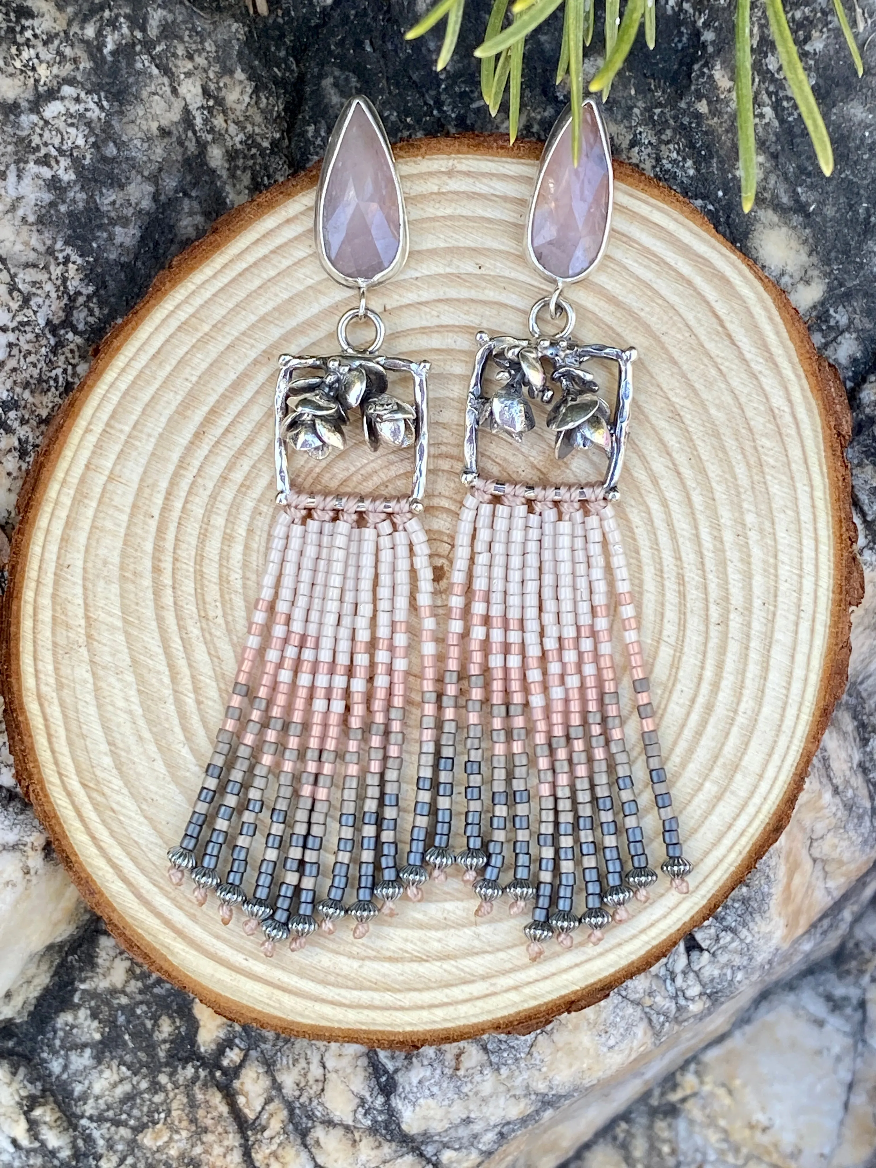 Desert Dweller “Blushing Succulents” hand cast Sterling Silver beaded Earrings