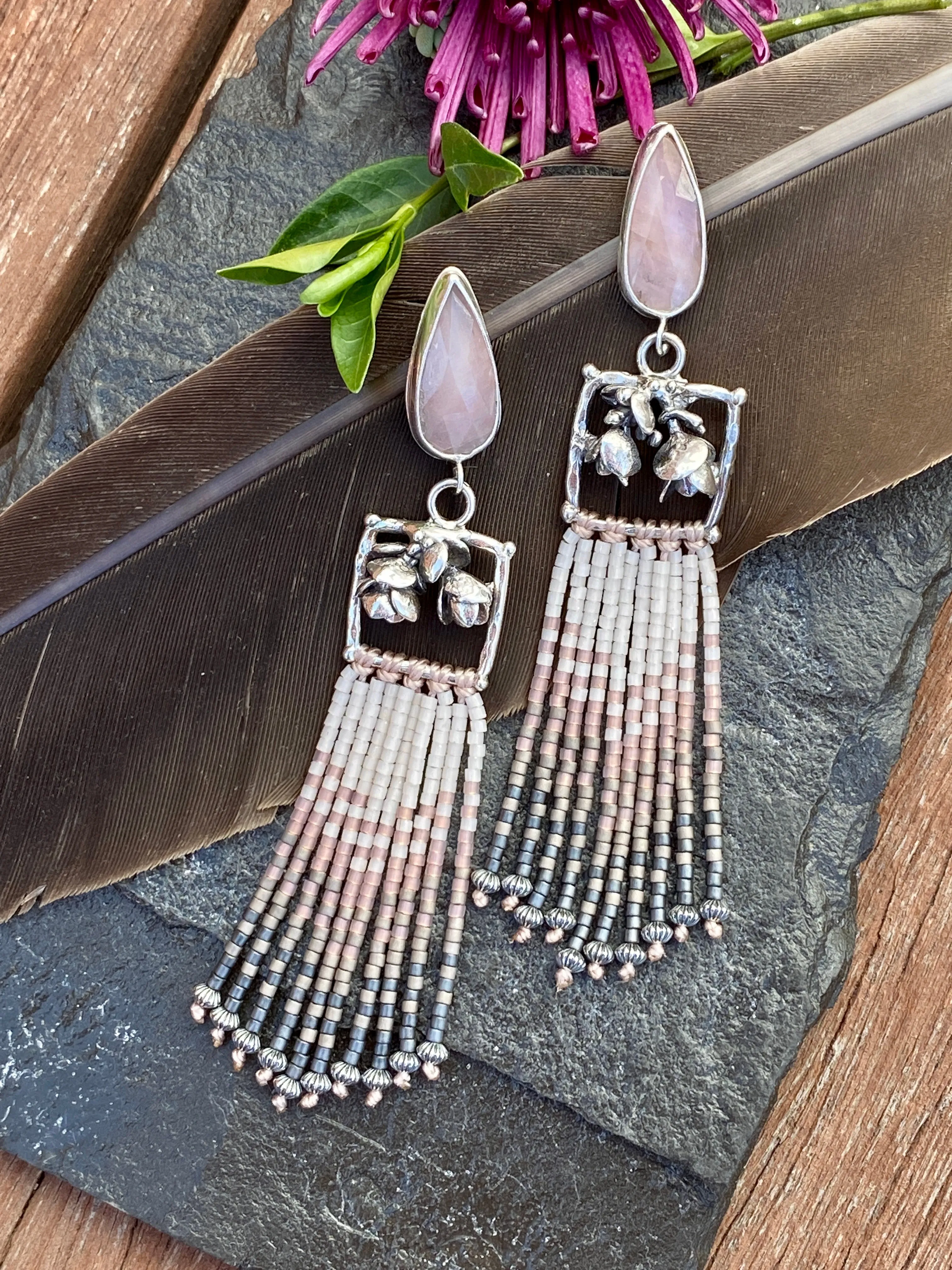 Desert Dweller “Blushing Succulents” hand cast Sterling Silver beaded Earrings