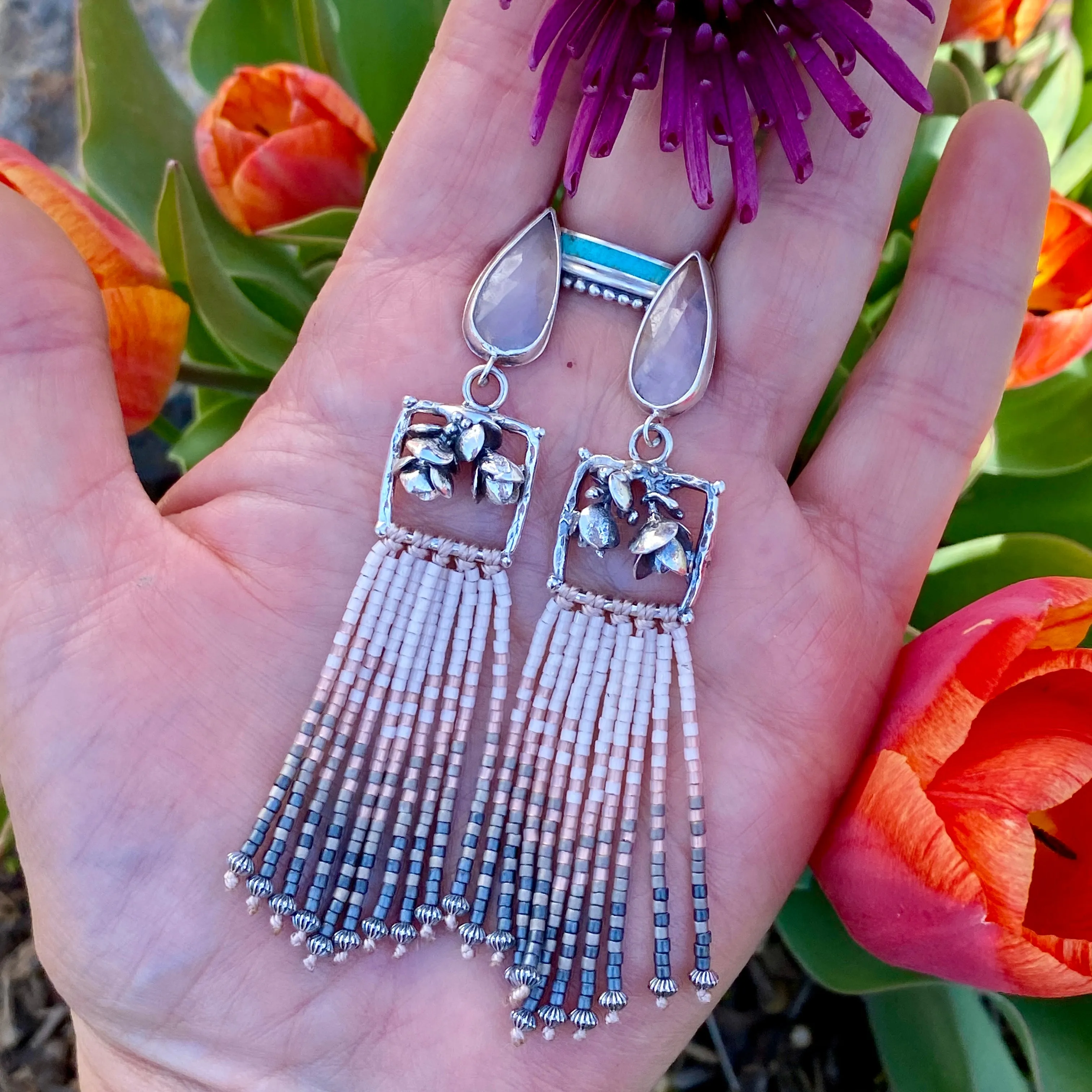 Desert Dweller “Blushing Succulents” hand cast Sterling Silver beaded Earrings