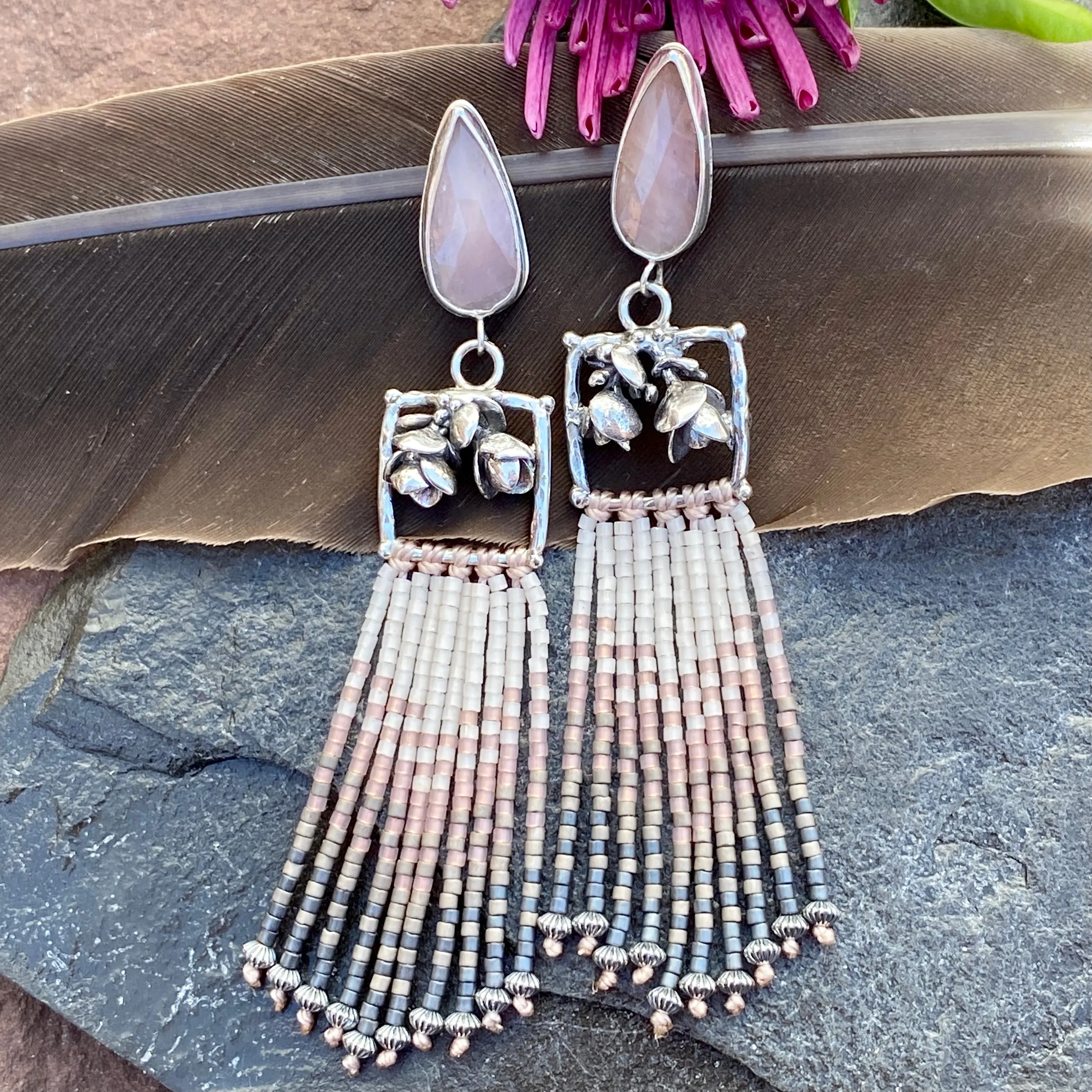 Desert Dweller “Blushing Succulents” hand cast Sterling Silver beaded Earrings