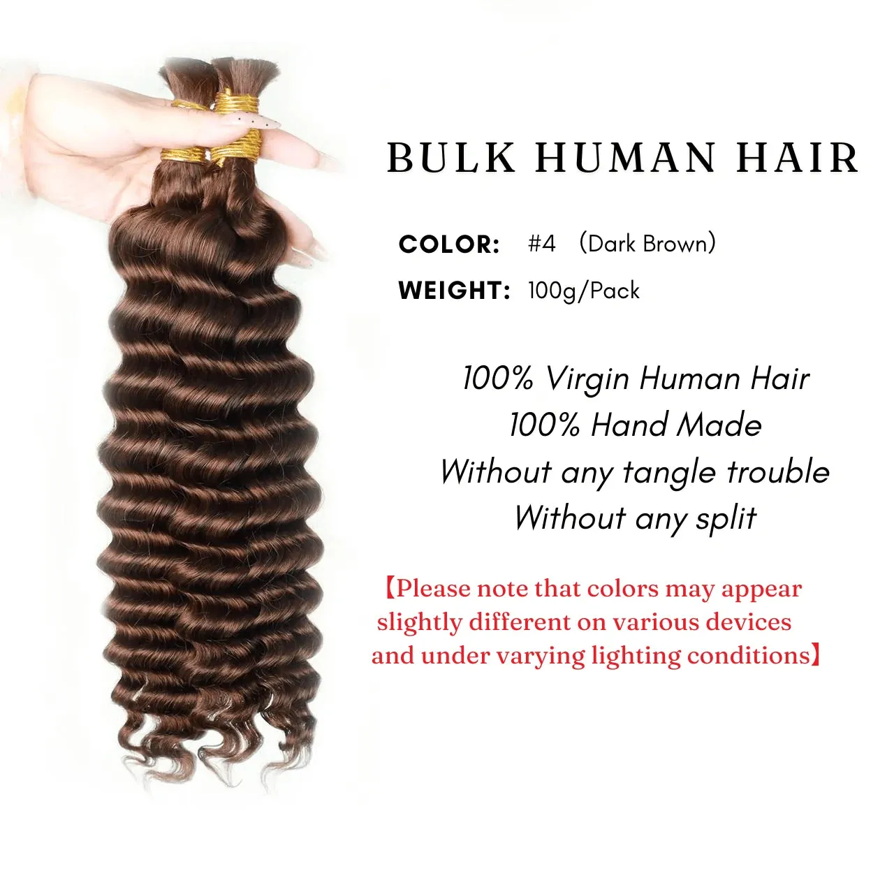 Double Drawn #4 Dark Brown Deep Wave Human Bulk Braiding Hair For Boho Braiding