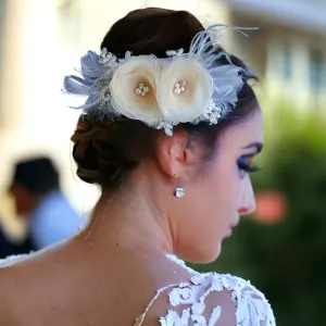 Duo Champagne Chiffon Fascinator, Hair Flowers, Feather Fascinator for brides and bridesmaids
